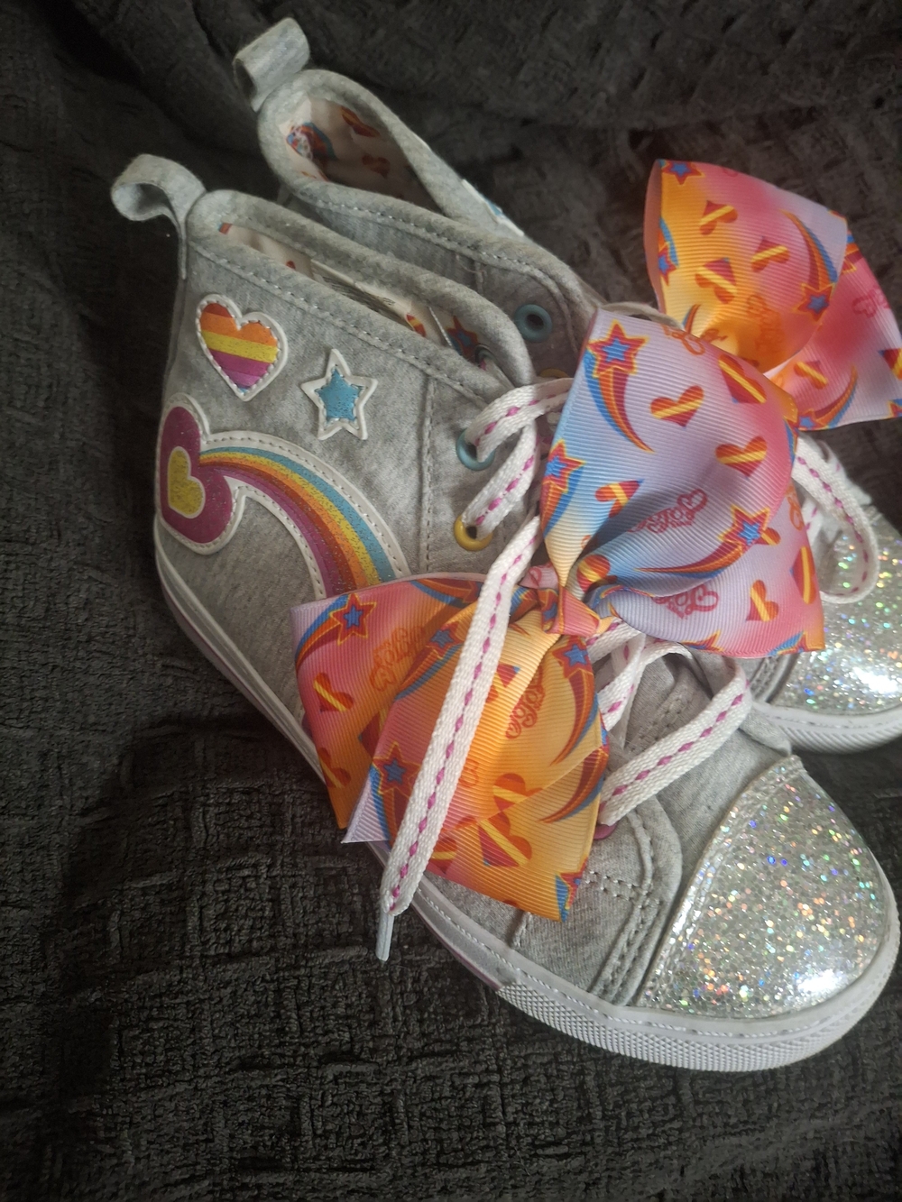 JoJo Siwa Gray High-Top Sneakers with Rainbow Hearts and Glitter Toe